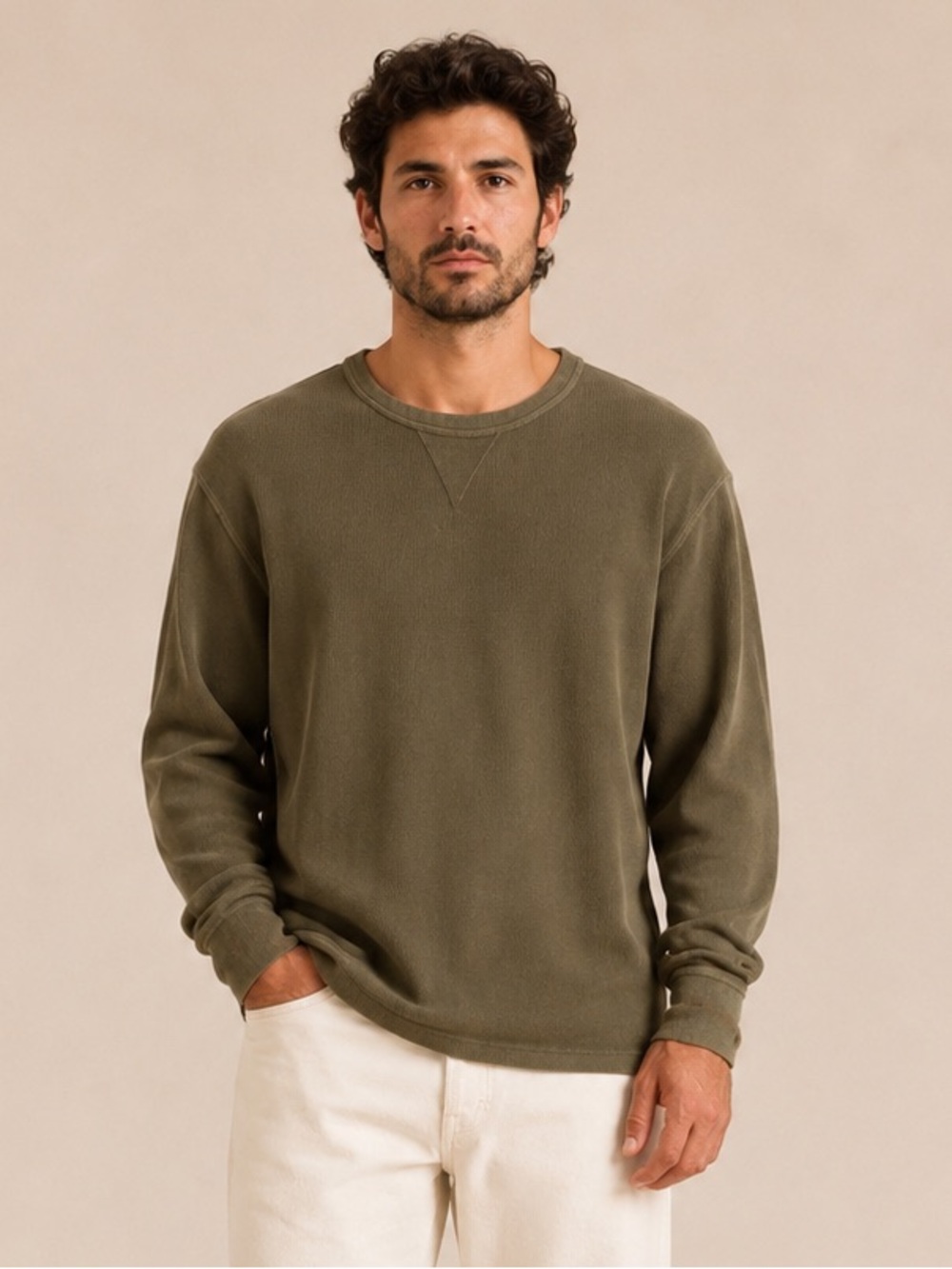 Scotch & Soda Oversized Waffle Knit Cotton Tee Olive Green Sz XL